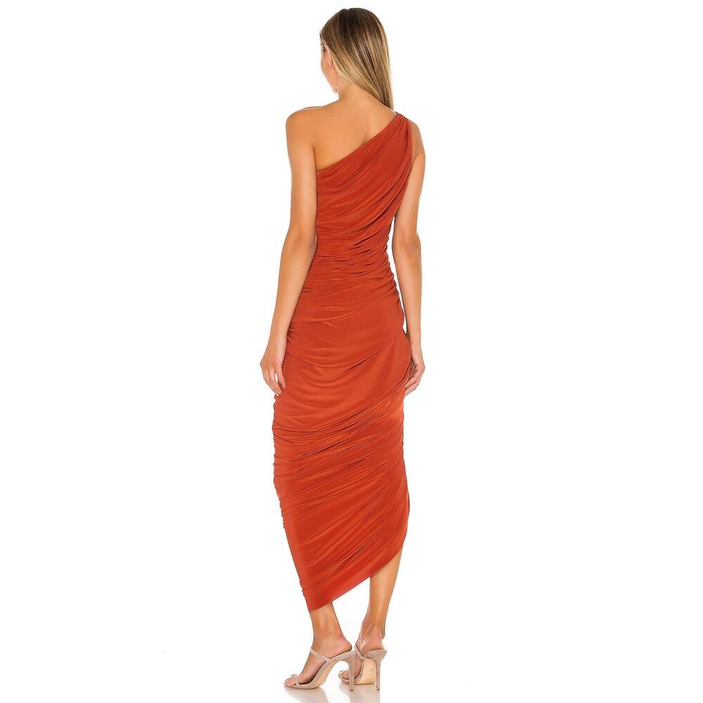 NORMA KAMALI Diana Ruched Gown Cinnamon Orange Midi Dress Women's L/40 - Picture 5 of 12